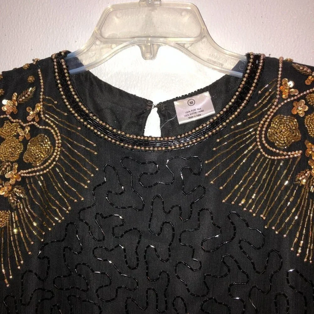 Praise Hymn Womens Small Black Gold Beaded Sequins Cocktail Party Formal Dress